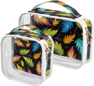 Joko Ivery Rainbow Leaves 2 Pieces Clear Makeup Cosmetic Toiletry Bags for Women Men PVC Portable Travel Storage Carry Pouch with Gold Zippers Organizer Case for Bathroom Organizing Traveling