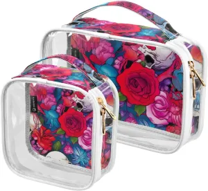 Joko Ivery Skull Rose Colorful 2 Pieces Clear Makeup Cosmetic Toiletry Bags for Women Men PVC Portable Travel Storage Carry Pouch with Gold Zippers Organizer Case for Bathroom Organizing Traveling
