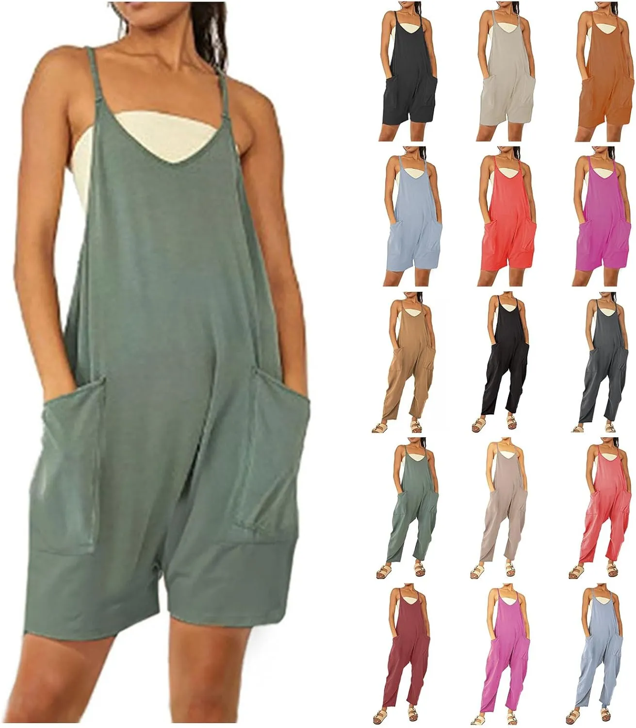 Jumpsuits for Women Casual V Neck Sleeveless Rompers Spaghetti Strap Baggy Overalls Loose Harem Pants Overalls