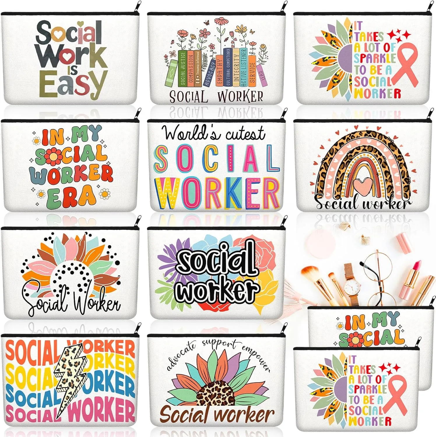Kacctyen 10 Pcs Social Worker Appreciation Gifts for Women Social Worker Month Makeup Cosmetic Canvas Pouch Bags Portable Makeup Pouch Bag Travel Organizer for Party Favors