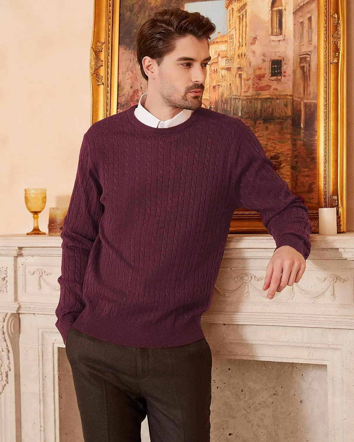 Kallspin Men's Cable Knit Crewneck Sweater Pullovers Wool Blend Relax Fit Knitwear