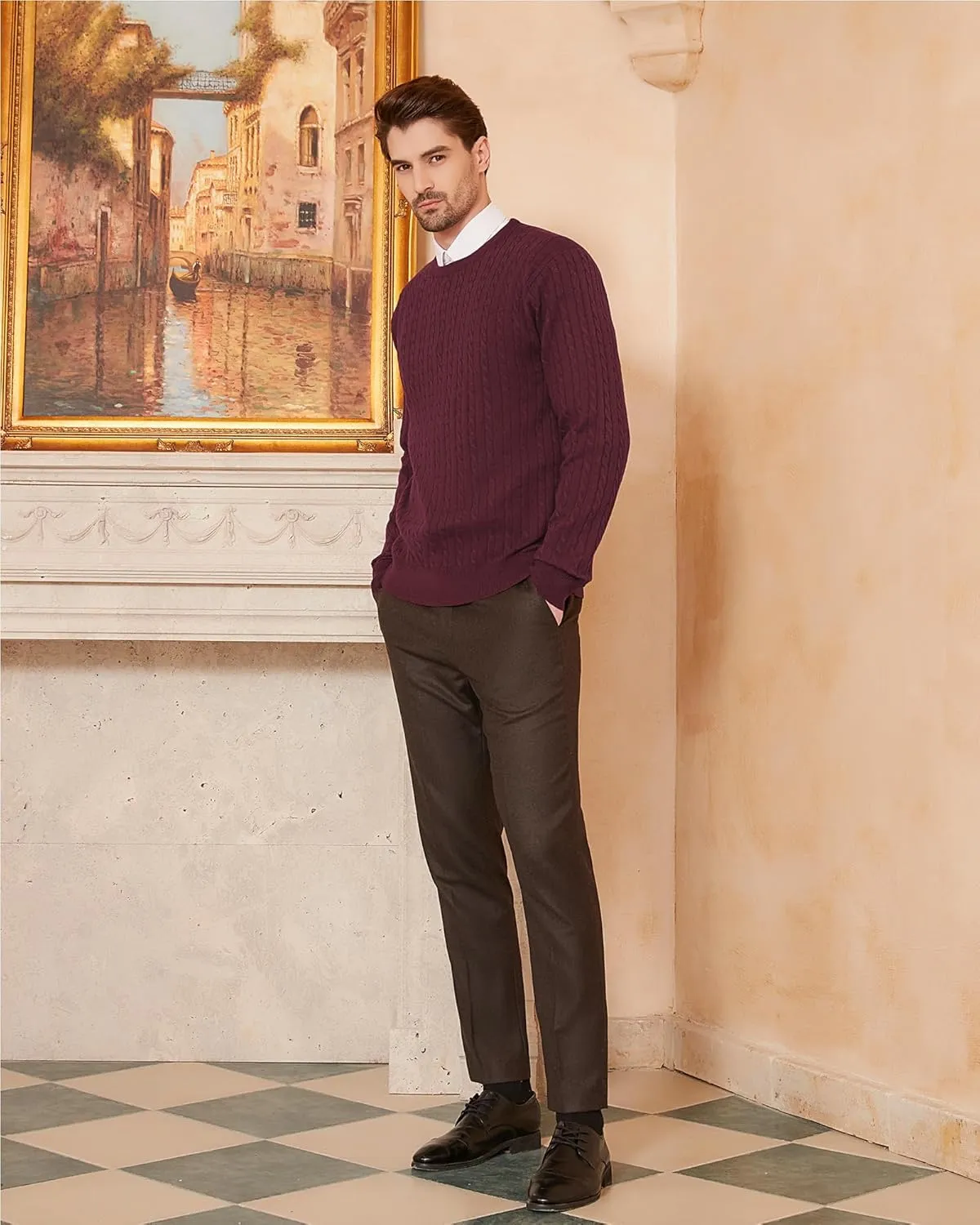 Kallspin Men's Cable Knit Crewneck Sweater Pullovers Wool Blend Relax Fit Knitwear