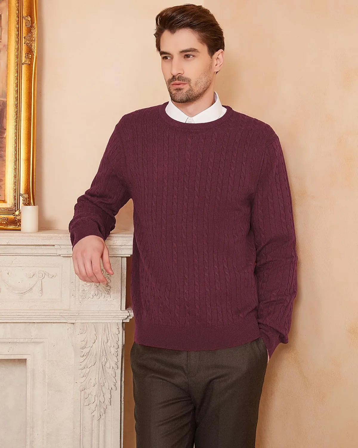 Kallspin Men's Cable Knit Crewneck Sweater Pullovers Wool Blend Relax Fit Knitwear