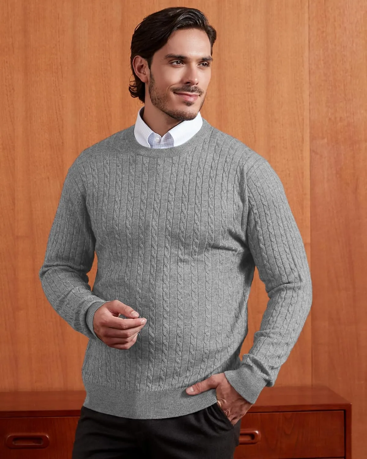 Kallspin Men's Cable Knit Crewneck Sweater Pullovers Wool Blend Relax Fit Knitwear
