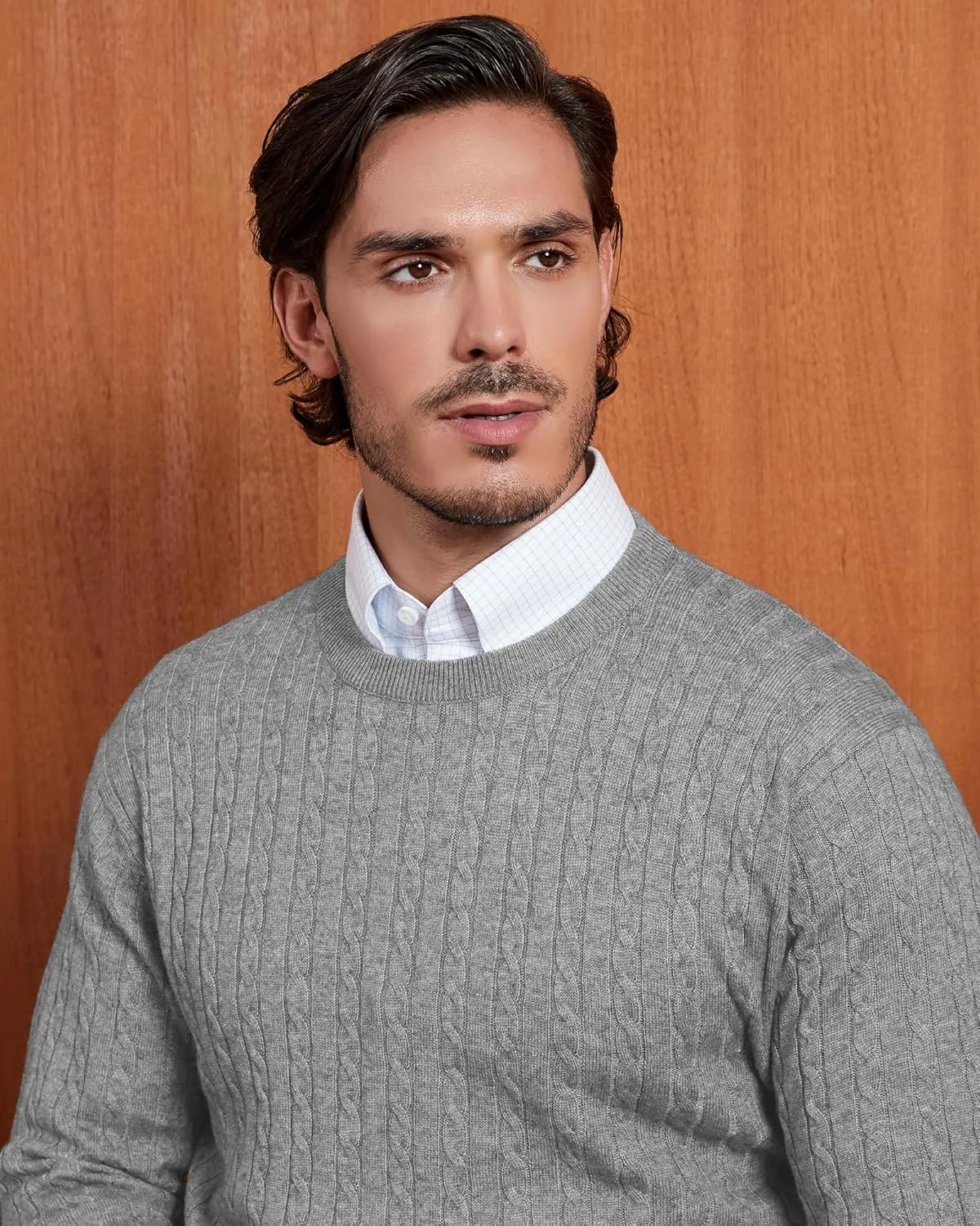 Kallspin Men's Cable Knit Crewneck Sweater Pullovers Wool Blend Relax Fit Knitwear