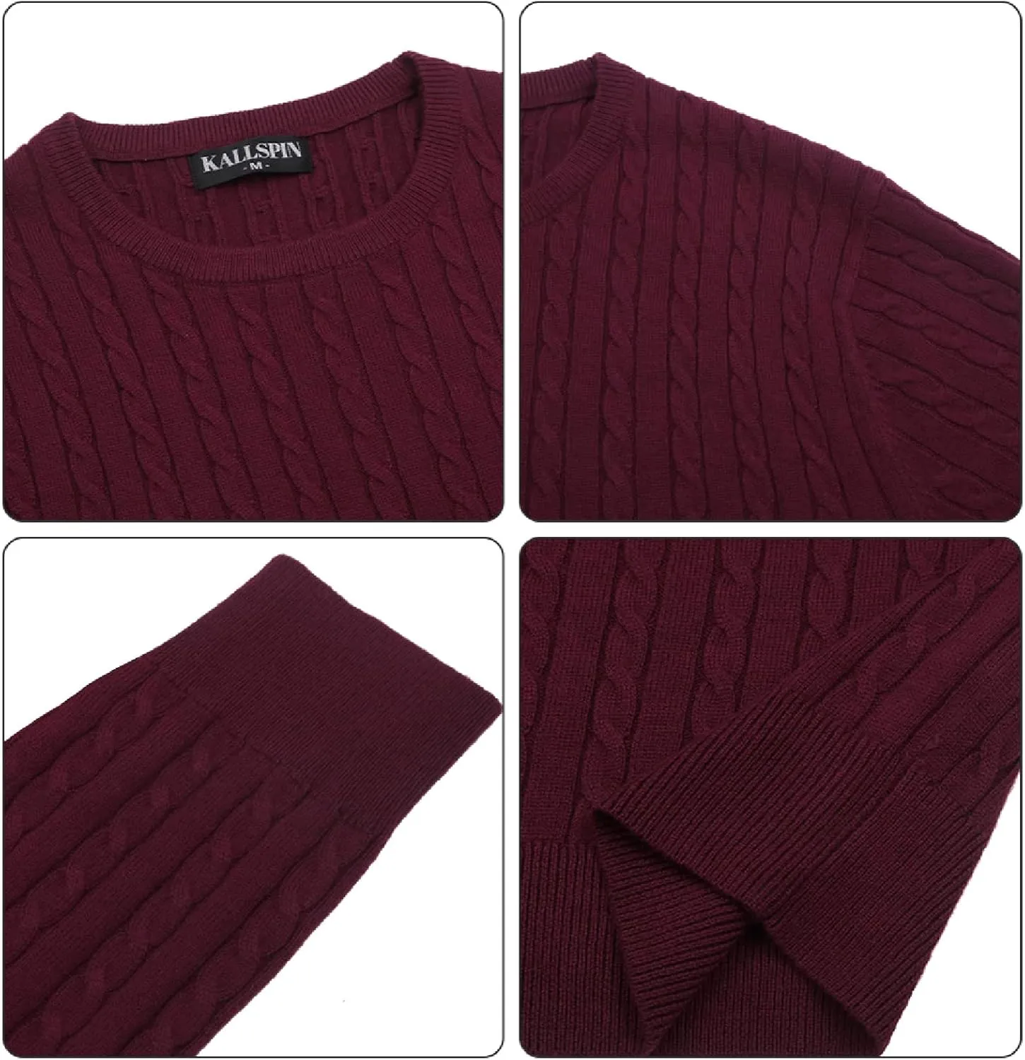 Kallspin Men's Cable Knit Crewneck Sweater Pullovers Wool Blend Relax Fit Knitwear