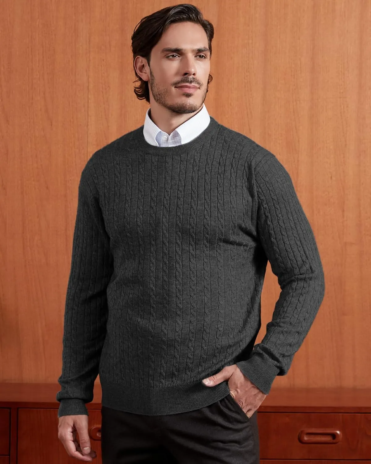 Kallspin Men's Cable Knit Crewneck Sweater Pullovers Wool Blend Relax Fit Knitwear