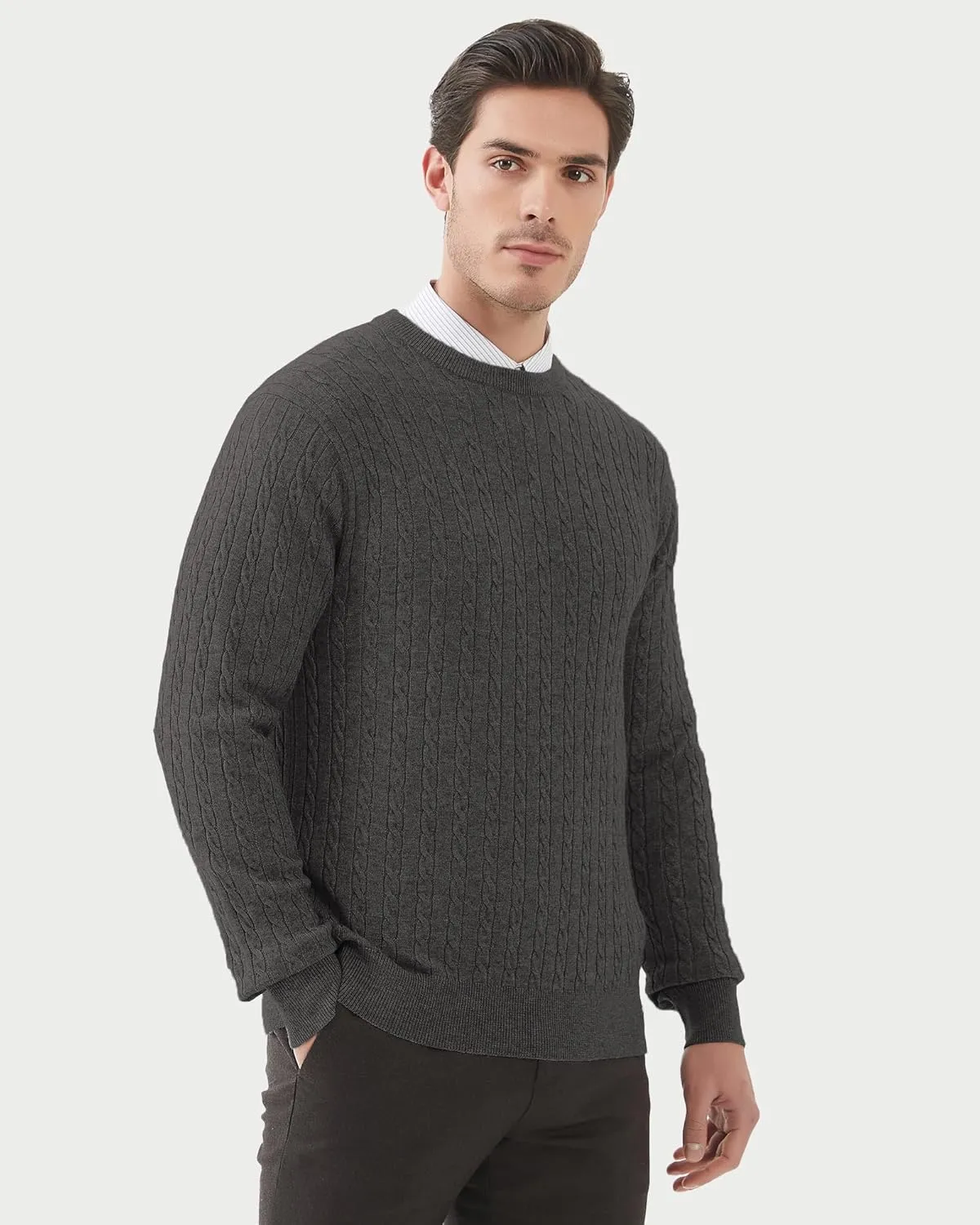 Kallspin Men's Cable Knit Crewneck Sweater Pullovers Wool Blend Relax Fit Knitwear