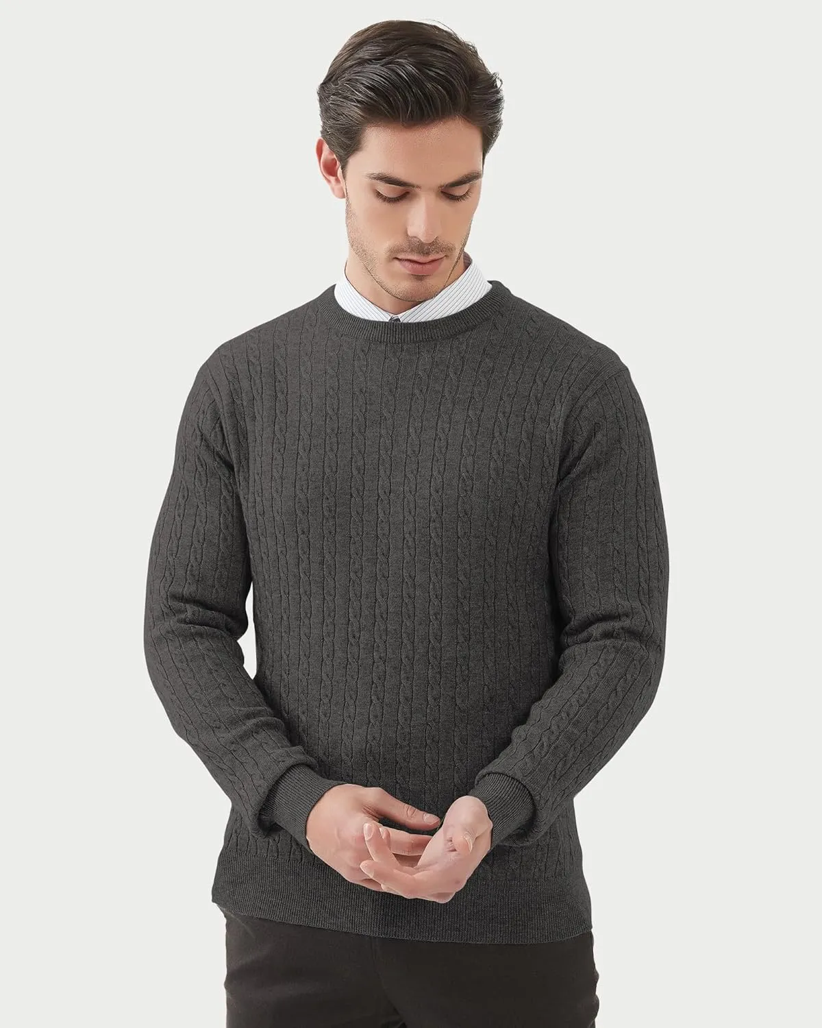 Kallspin Men's Cable Knit Crewneck Sweater Pullovers Wool Blend Relax Fit Knitwear