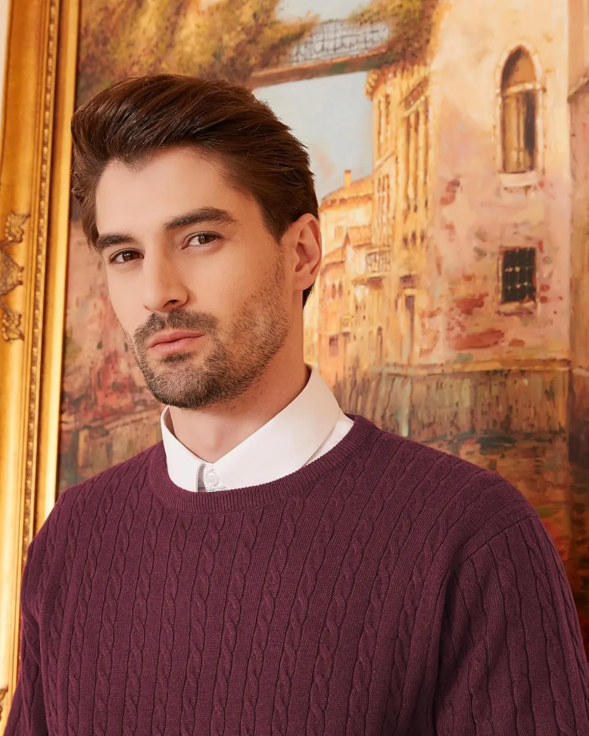 Kallspin Men's Cable Knit Crewneck Sweater Pullovers Wool Blend Relax Fit Knitwear