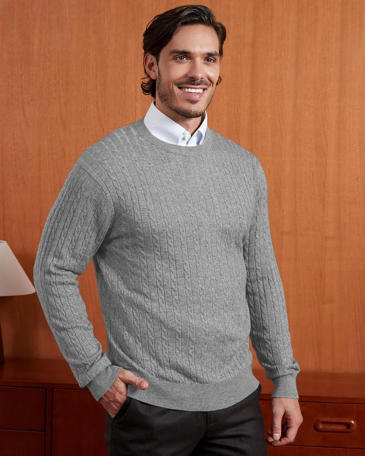 Kallspin Men's Cable Knit Crewneck Sweater Pullovers Wool Blend Relax Fit Knitwear
