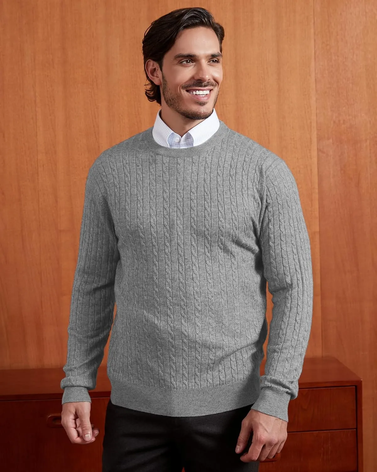 Kallspin Men's Cable Knit Crewneck Sweater Pullovers Wool Blend Relax Fit Knitwear