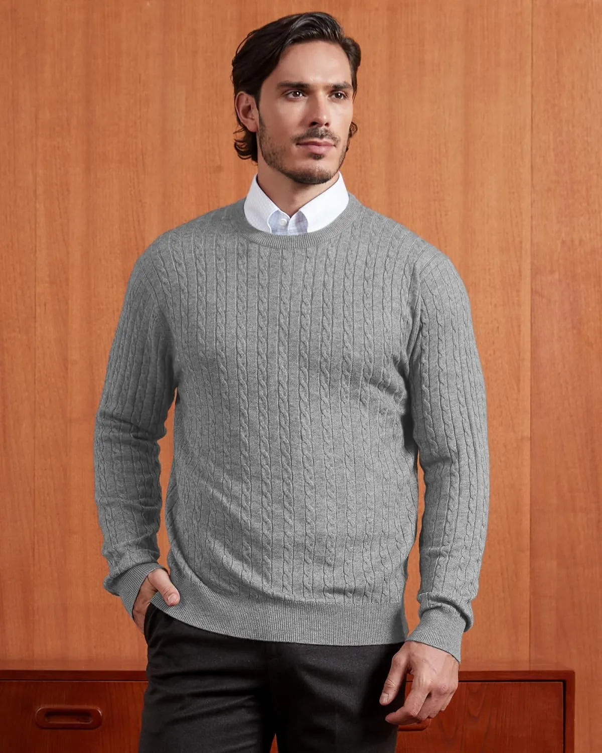 Kallspin Men's Cable Knit Crewneck Sweater Pullovers Wool Blend Relax Fit Knitwear