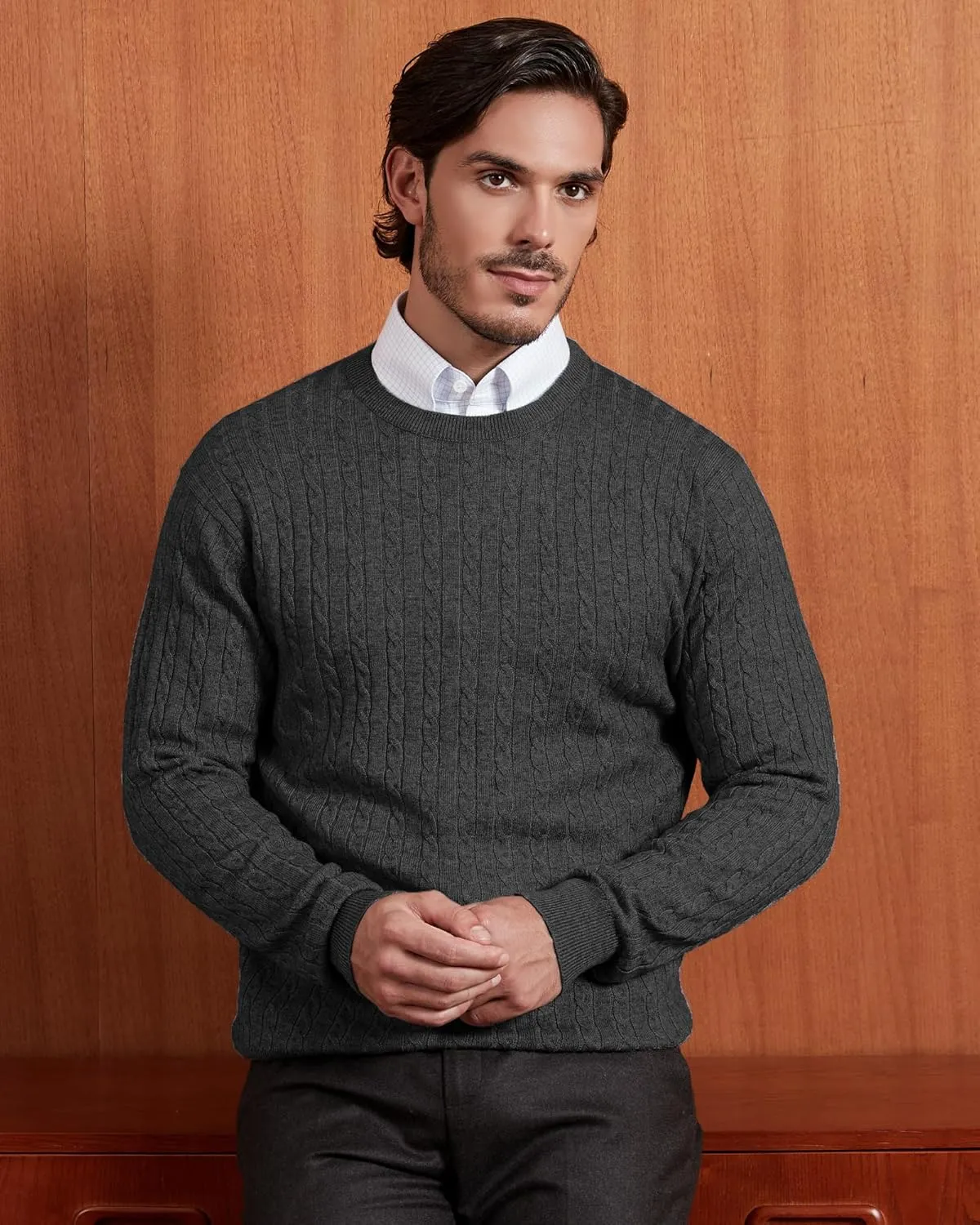 Kallspin Men's Cable Knit Crewneck Sweater Pullovers Wool Blend Relax Fit Knitwear