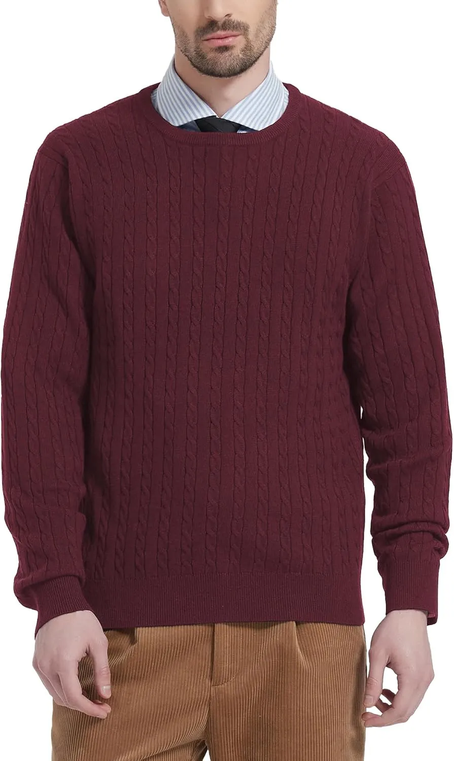 Kallspin Men's Cable Knit Crewneck Sweater Pullovers Wool Blend Relax Fit Knitwear