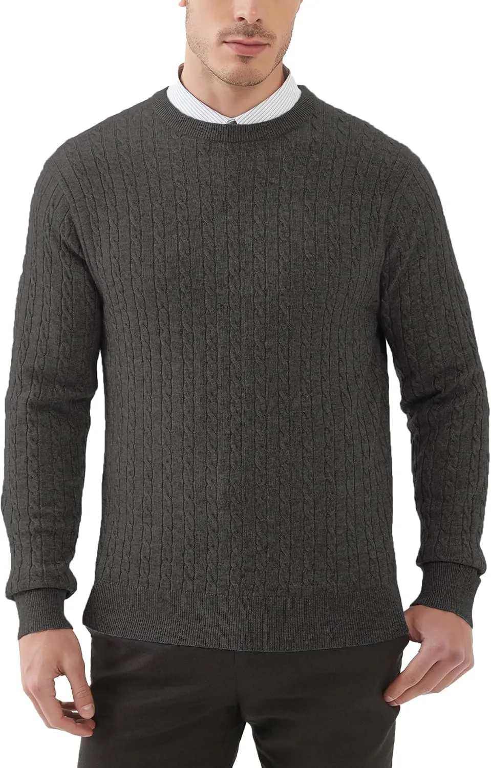 Kallspin Men's Cable Knit Crewneck Sweater Pullovers Wool Blend Relax Fit Knitwear
