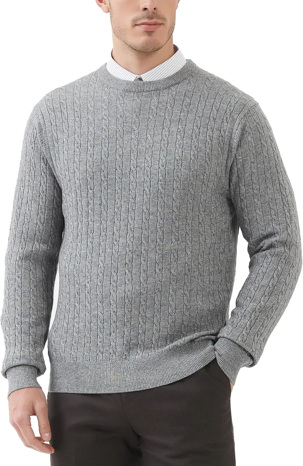 Kallspin Men's Cable Knit Crewneck Sweater Pullovers Wool Blend Relax Fit Knitwear