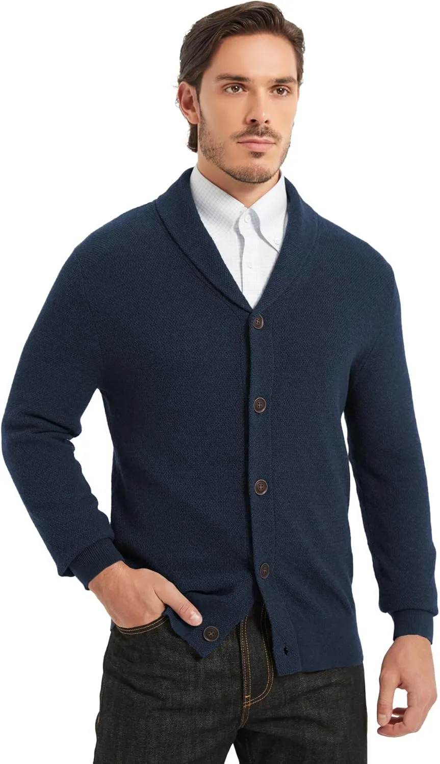Kallspin Men's Pure Cotton Button Down Cardigan Sweater Lightweight Shawl Collar Knitwear