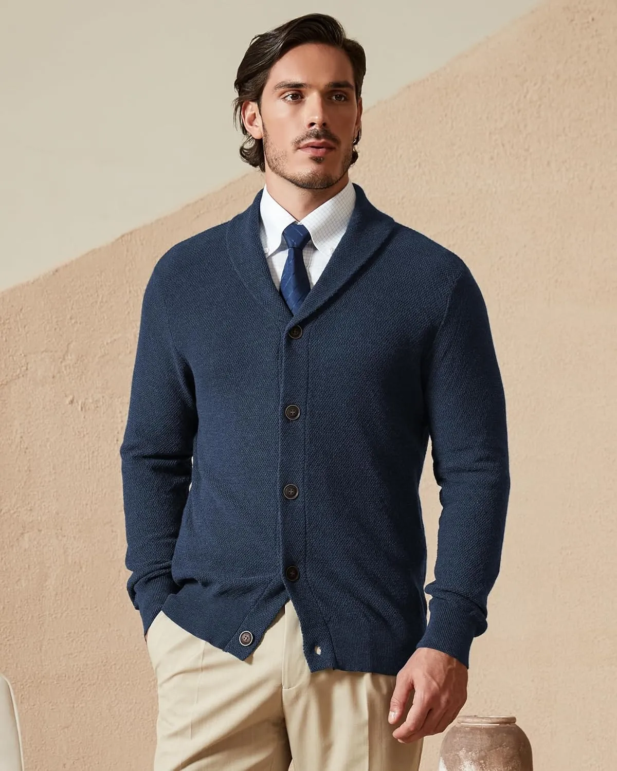 Kallspin Men's Pure Cotton Button Down Cardigan Sweater Lightweight Shawl Collar Knitwear