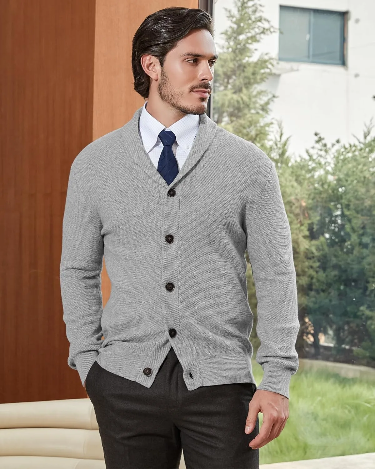 Kallspin Men's Pure Cotton Button Down Cardigan Sweater Lightweight Shawl Collar Knitwear
