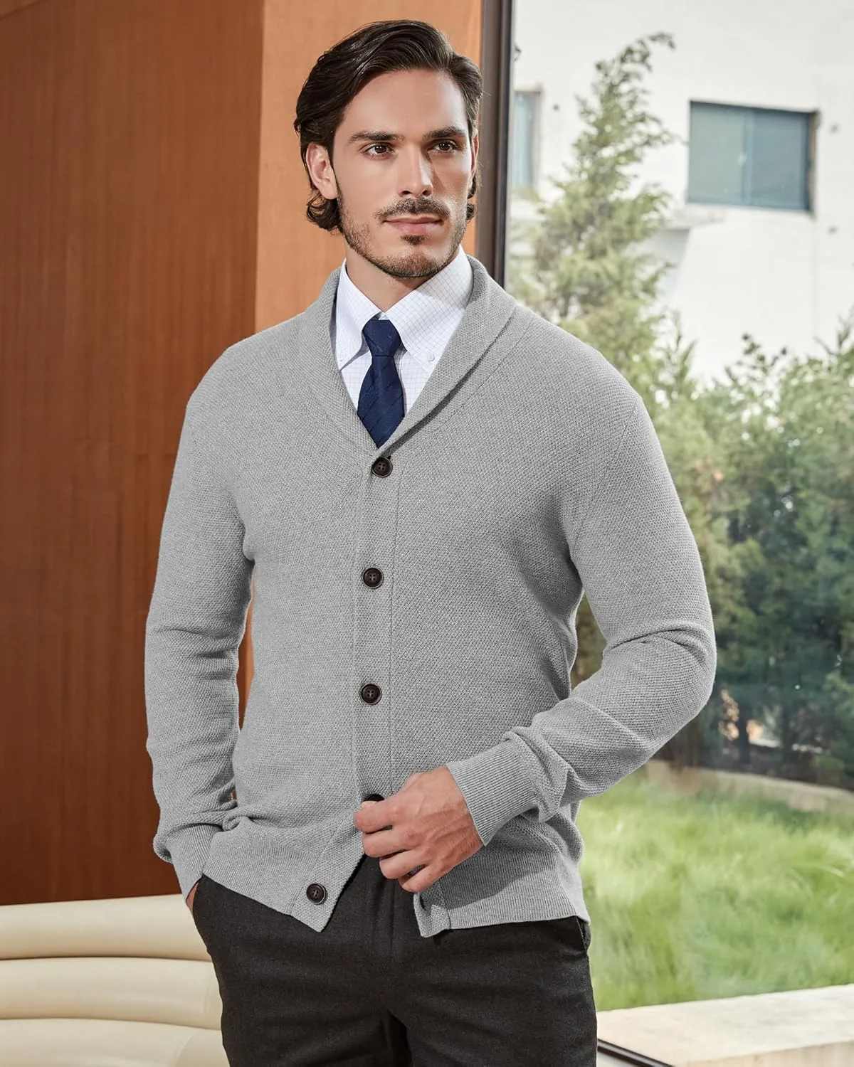 Kallspin Men's Pure Cotton Button Down Cardigan Sweater Lightweight Shawl Collar Knitwear