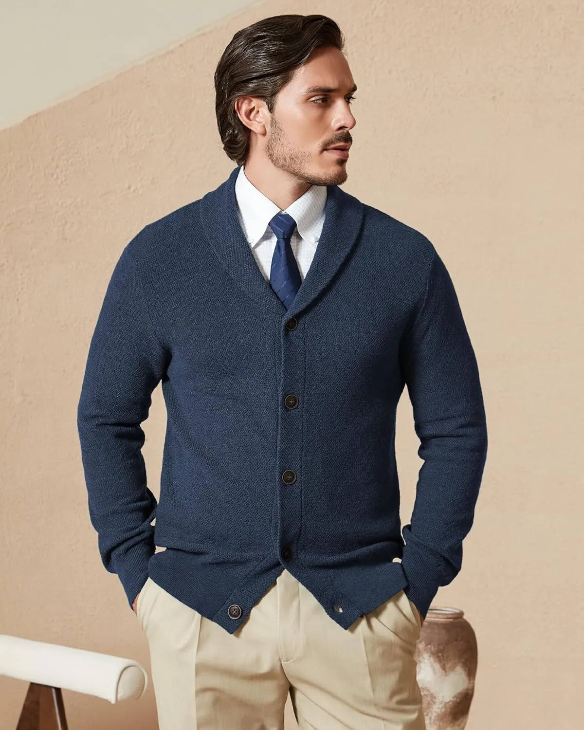 Kallspin Men's Pure Cotton Button Down Cardigan Sweater Lightweight Shawl Collar Knitwear