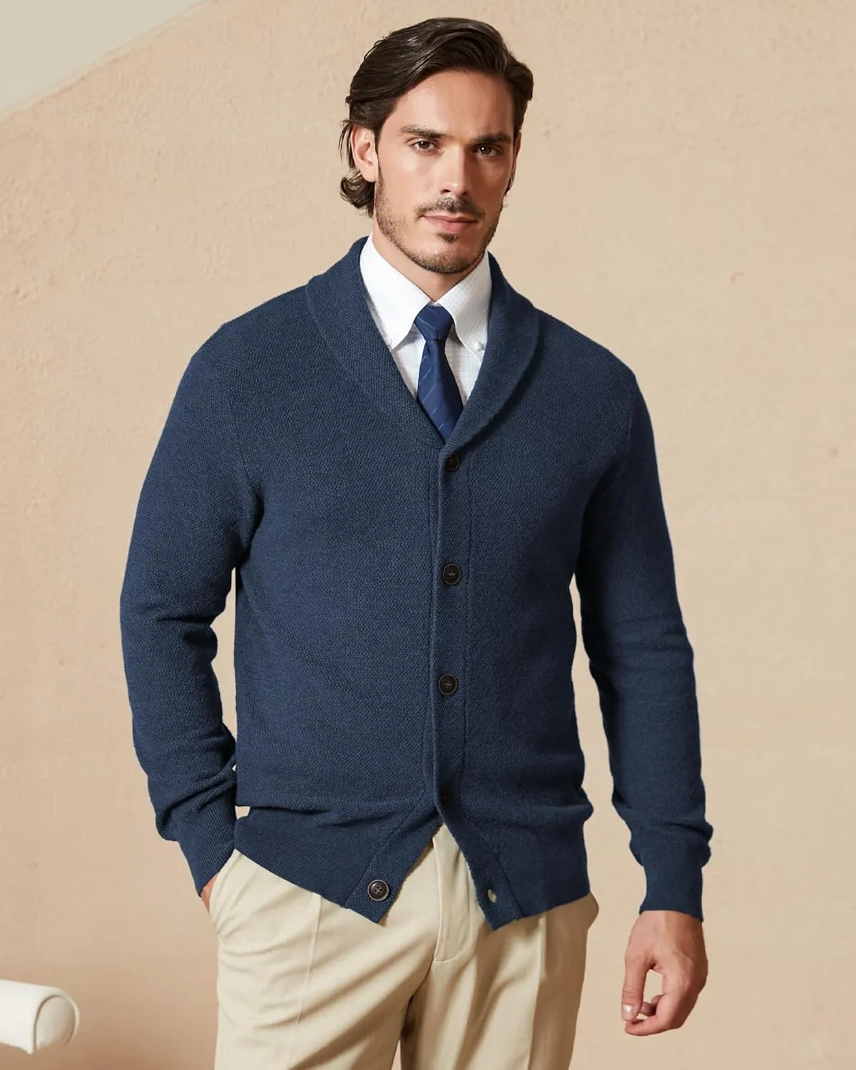 Kallspin Men's Pure Cotton Button Down Cardigan Sweater Lightweight Shawl Collar Knitwear