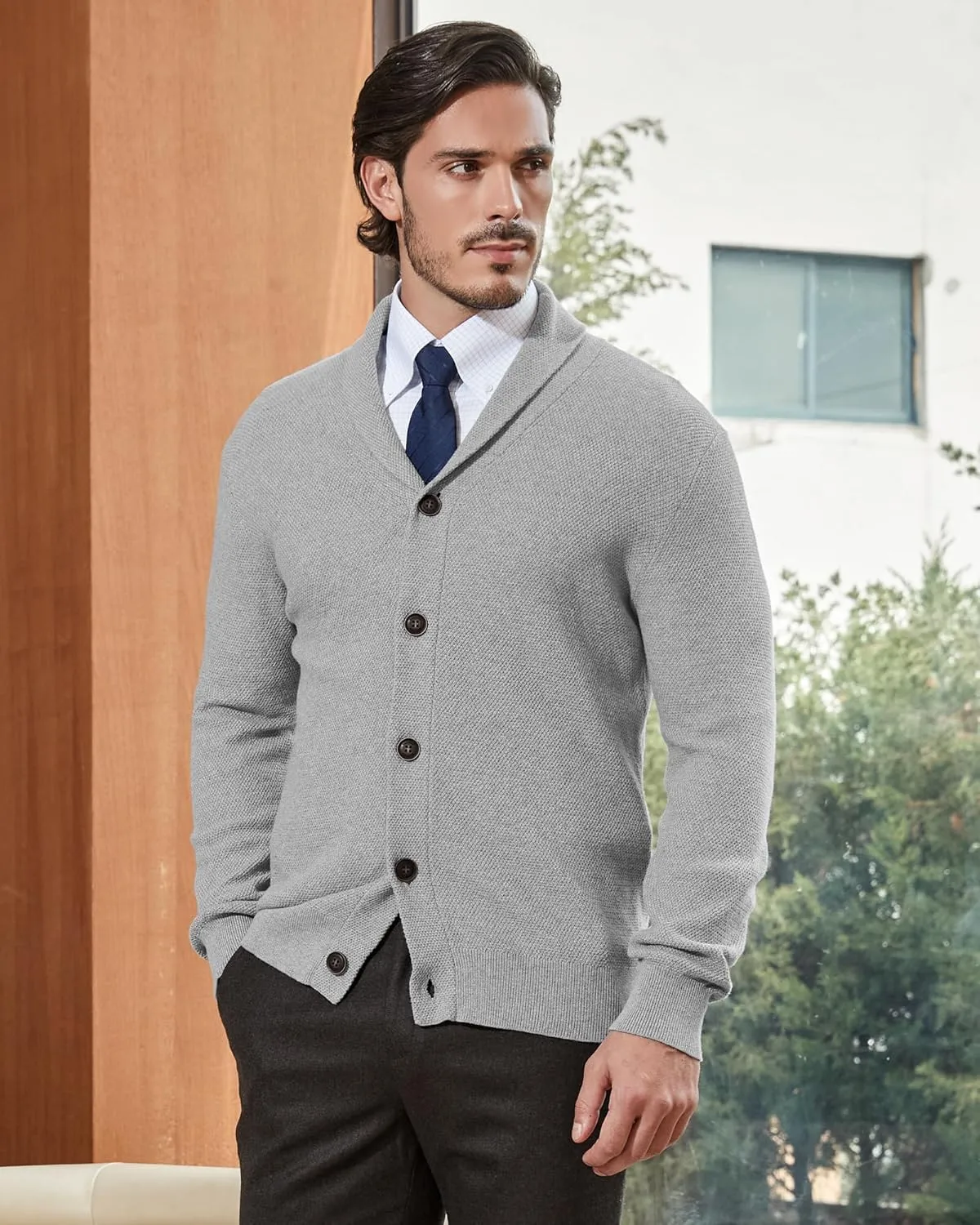 Kallspin Men's Pure Cotton Button Down Cardigan Sweater Lightweight Shawl Collar Knitwear