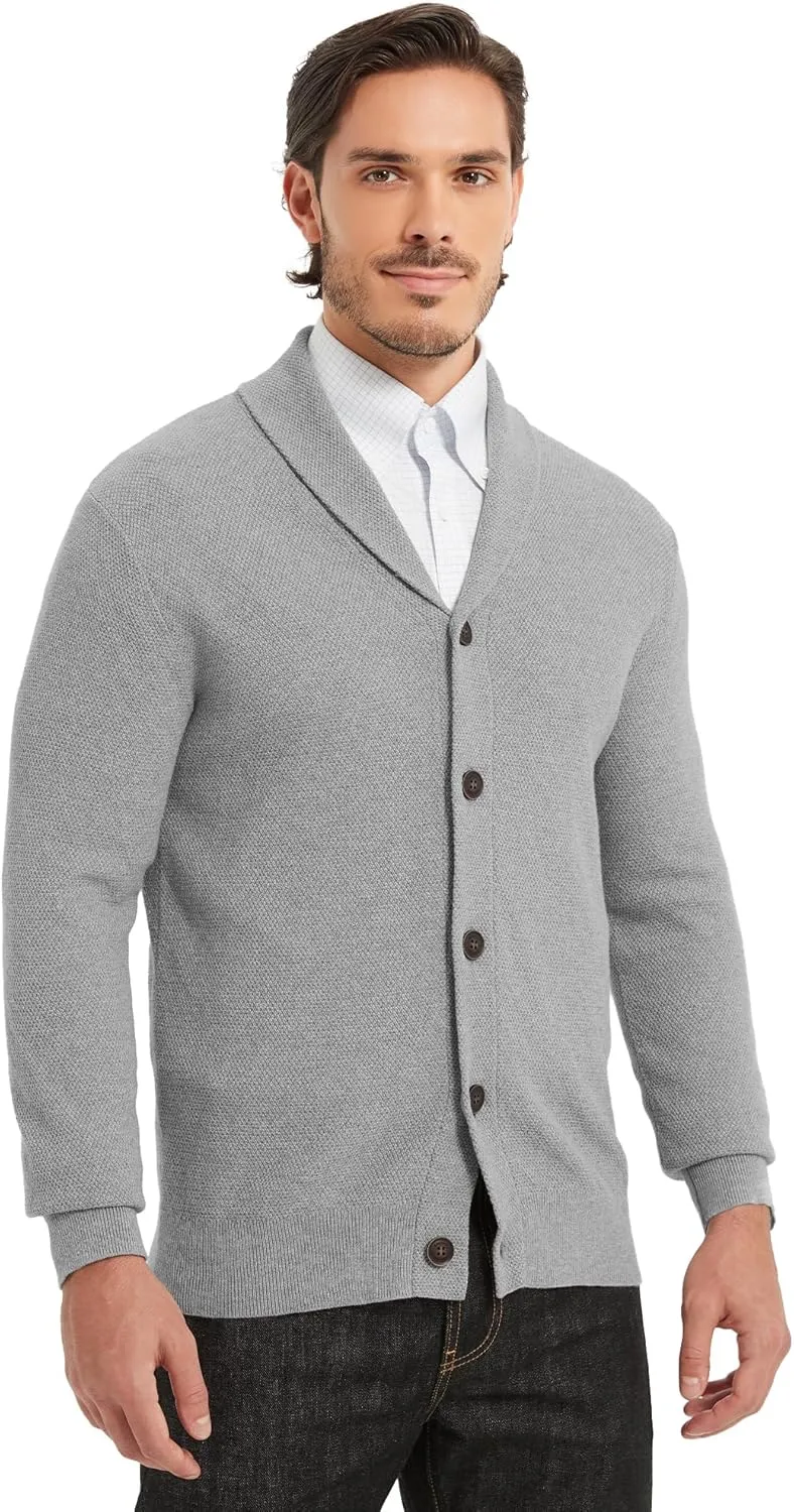 Kallspin Men's Pure Cotton Button Down Cardigan Sweater Lightweight Shawl Collar Knitwear