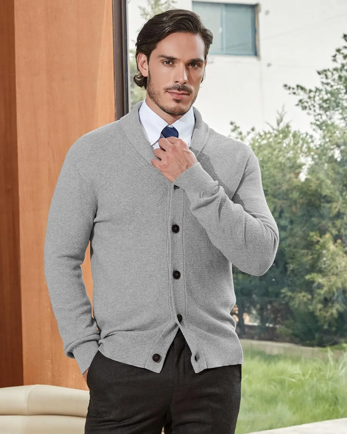 Kallspin Men's Pure Cotton Button Down Cardigan Sweater Lightweight Shawl Collar Knitwear