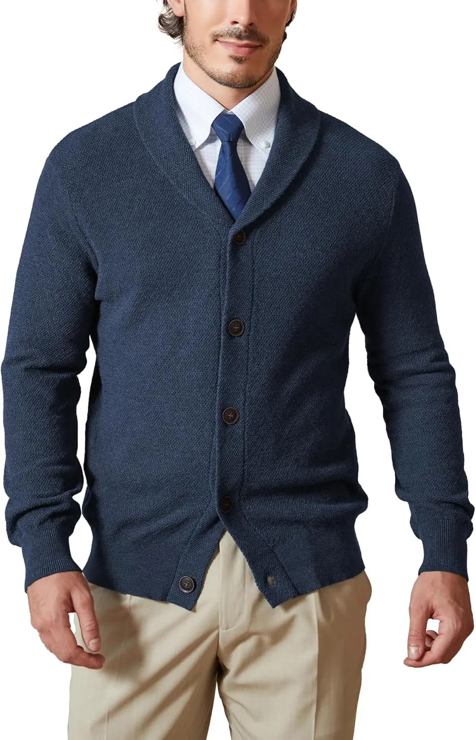 Kallspin Men's Pure Cotton Button Down Cardigan Sweater Lightweight Shawl Collar Knitwear