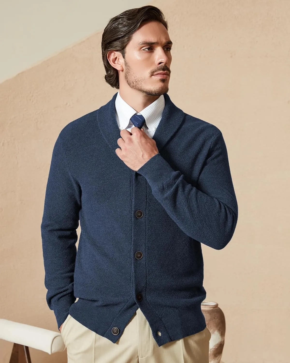 Kallspin Men's Pure Cotton Button Down Cardigan Sweater Lightweight Shawl Collar Knitwear