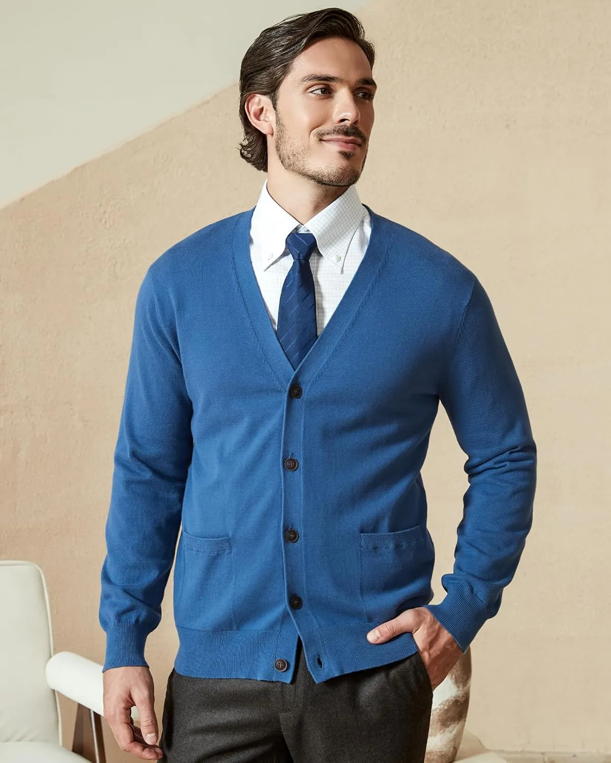 Kallspin Mens Pure Cotton Cardigan Sweater V-Neck Button Down Cardigan Lightweight Knitwear with Pockets