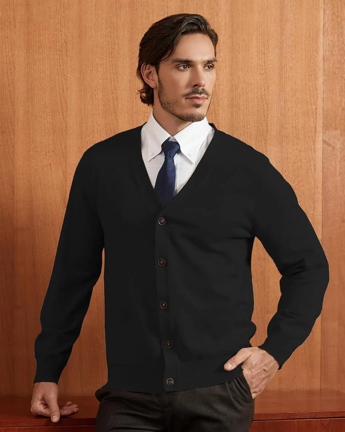 Kallspin Mens Pure Cotton Cardigan Sweater V-Neck Button Down Cardigan Lightweight Knitwear with Pockets