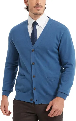 Kallspin Mens Pure Cotton Cardigan Sweater V-Neck Button Down Cardigan Lightweight Knitwear with Pockets