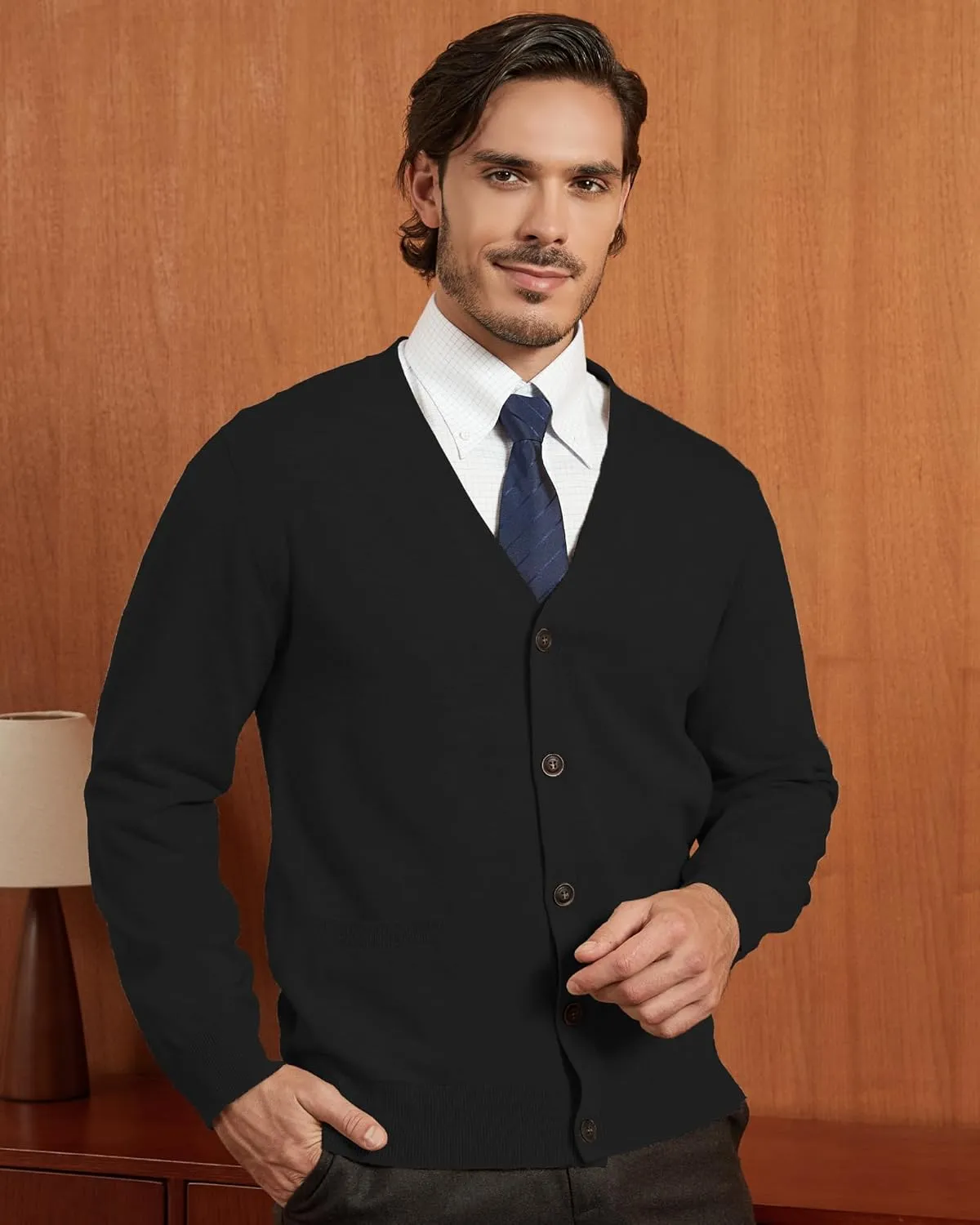 Kallspin Mens Pure Cotton Cardigan Sweater V-Neck Button Down Cardigan Lightweight Knitwear with Pockets
