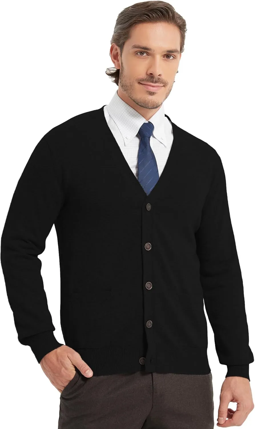 Kallspin Mens Pure Cotton Cardigan Sweater V-Neck Button Down Cardigan Lightweight Knitwear with Pockets