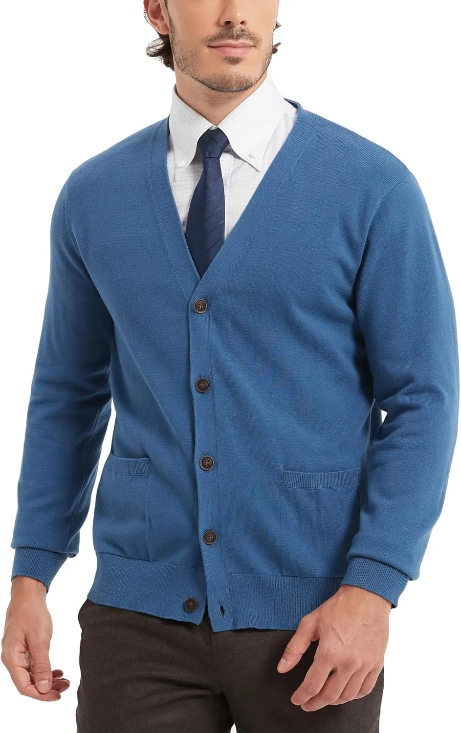 Kallspin Mens Pure Cotton Cardigan Sweater V-Neck Button Down Cardigan Lightweight Knitwear with Pockets