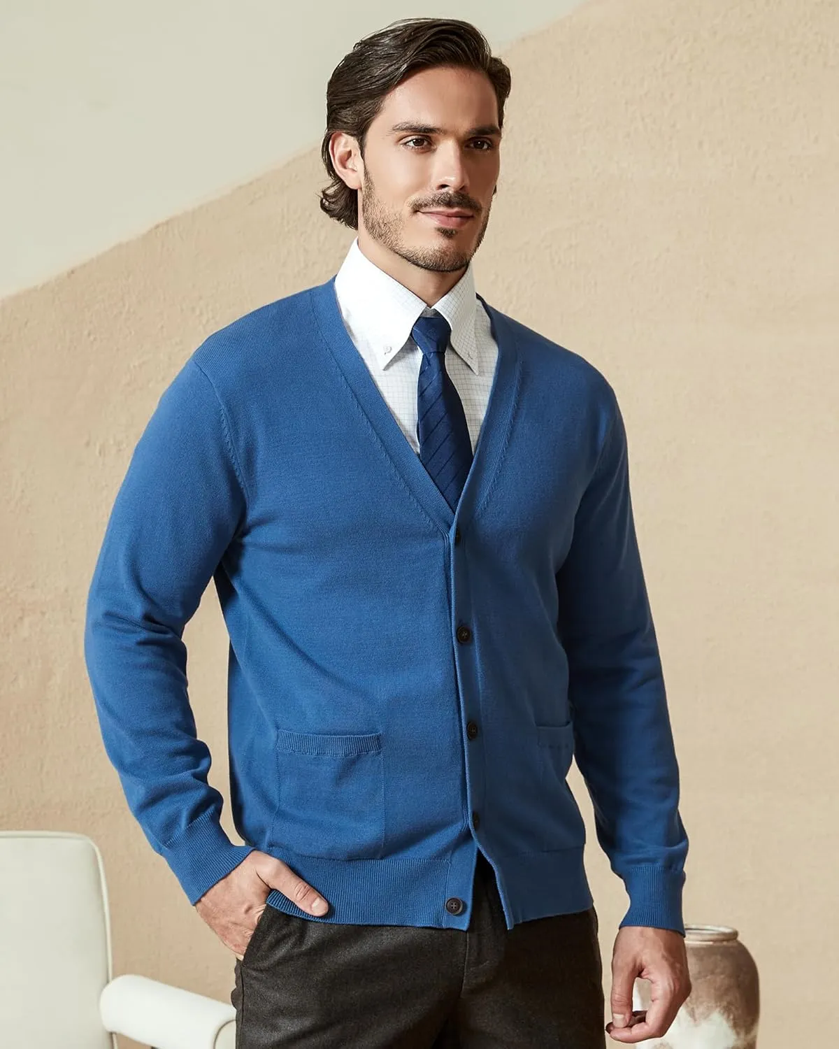 Kallspin Mens Pure Cotton Cardigan Sweater V-Neck Button Down Cardigan Lightweight Knitwear with Pockets