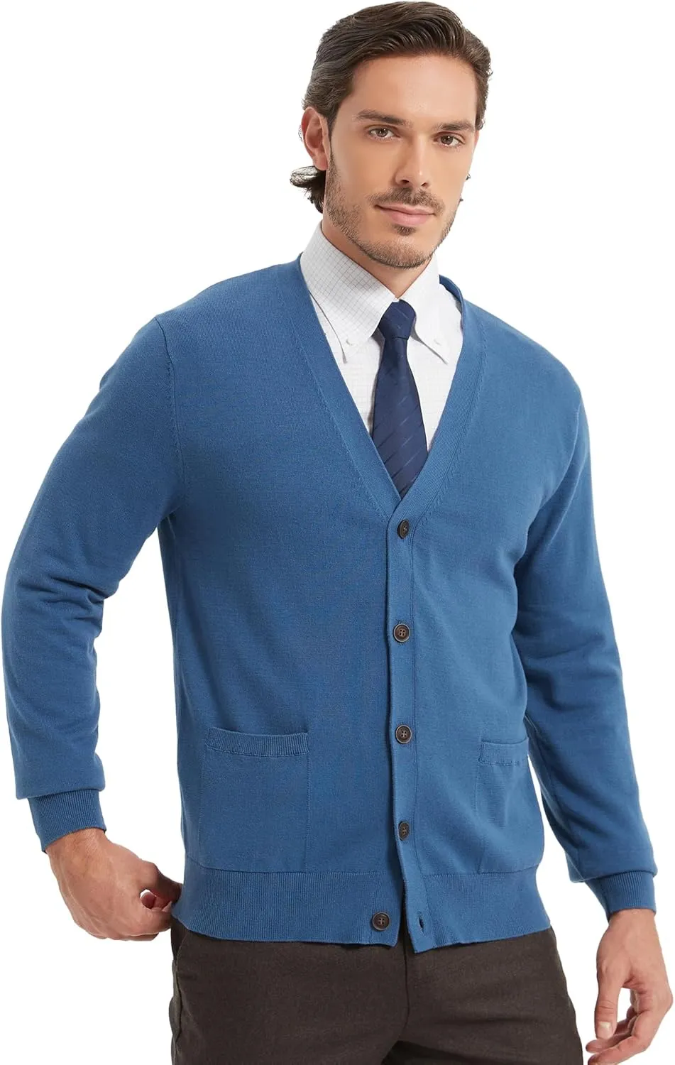 Kallspin Mens Pure Cotton Cardigan Sweater V-Neck Button Down Cardigan Lightweight Knitwear with Pockets