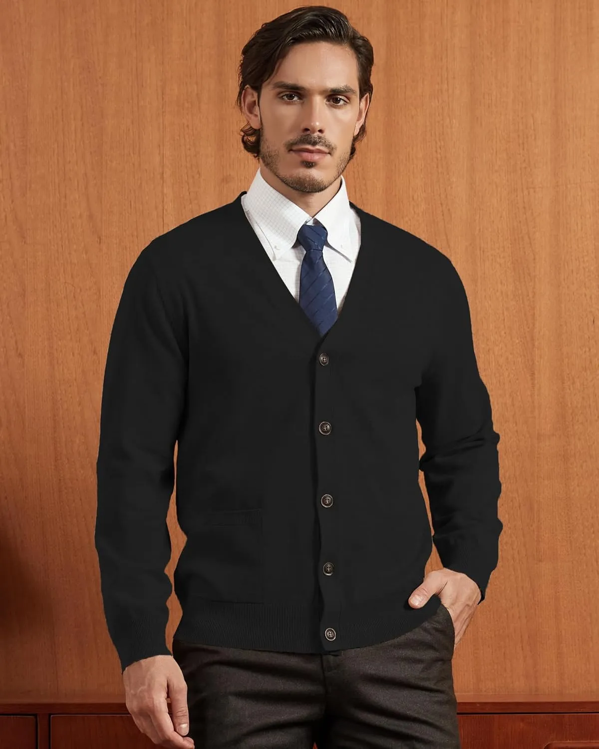 Kallspin Mens Pure Cotton Cardigan Sweater V-Neck Button Down Cardigan Lightweight Knitwear with Pockets