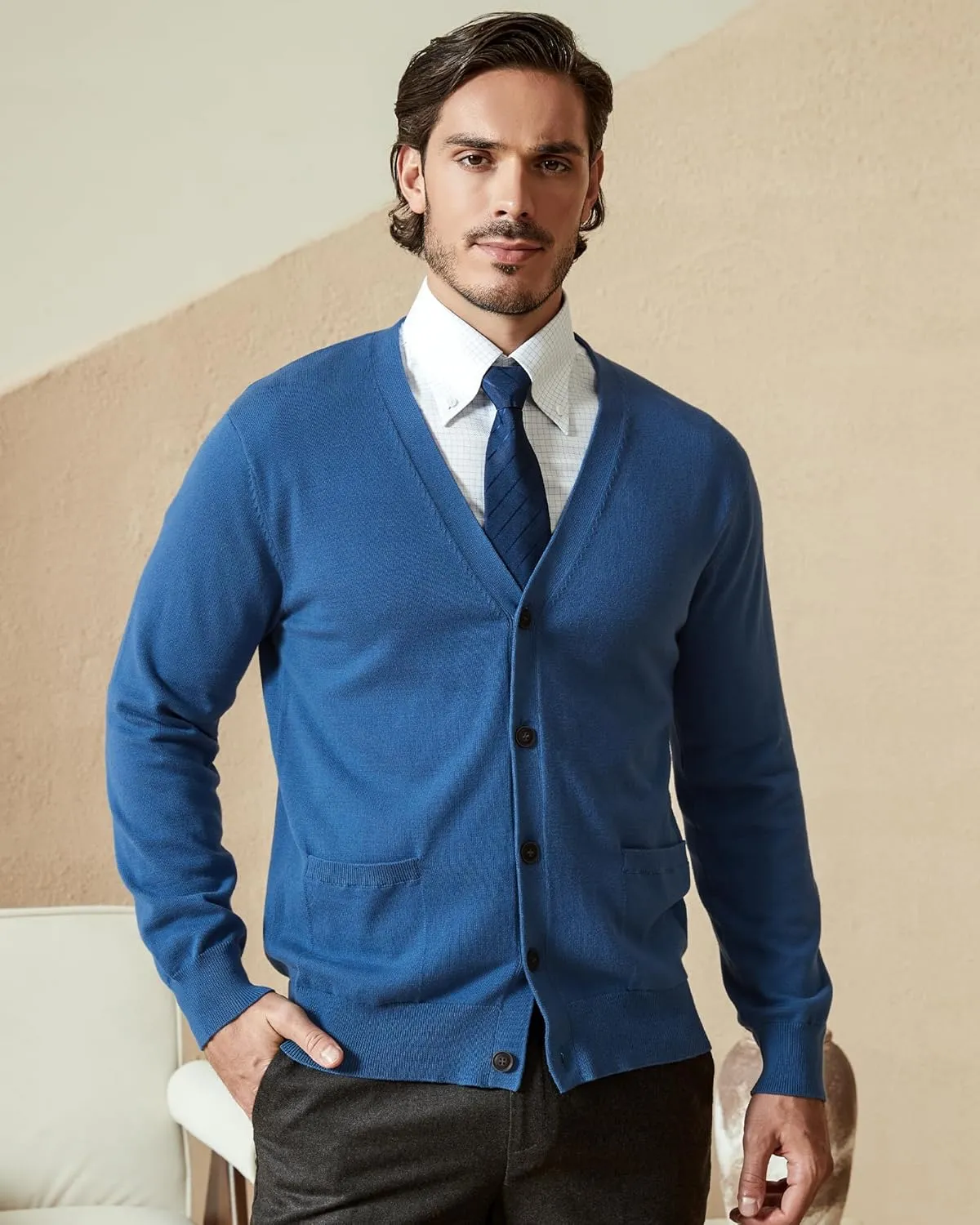 Kallspin Mens Pure Cotton Cardigan Sweater V-Neck Button Down Cardigan Lightweight Knitwear with Pockets
