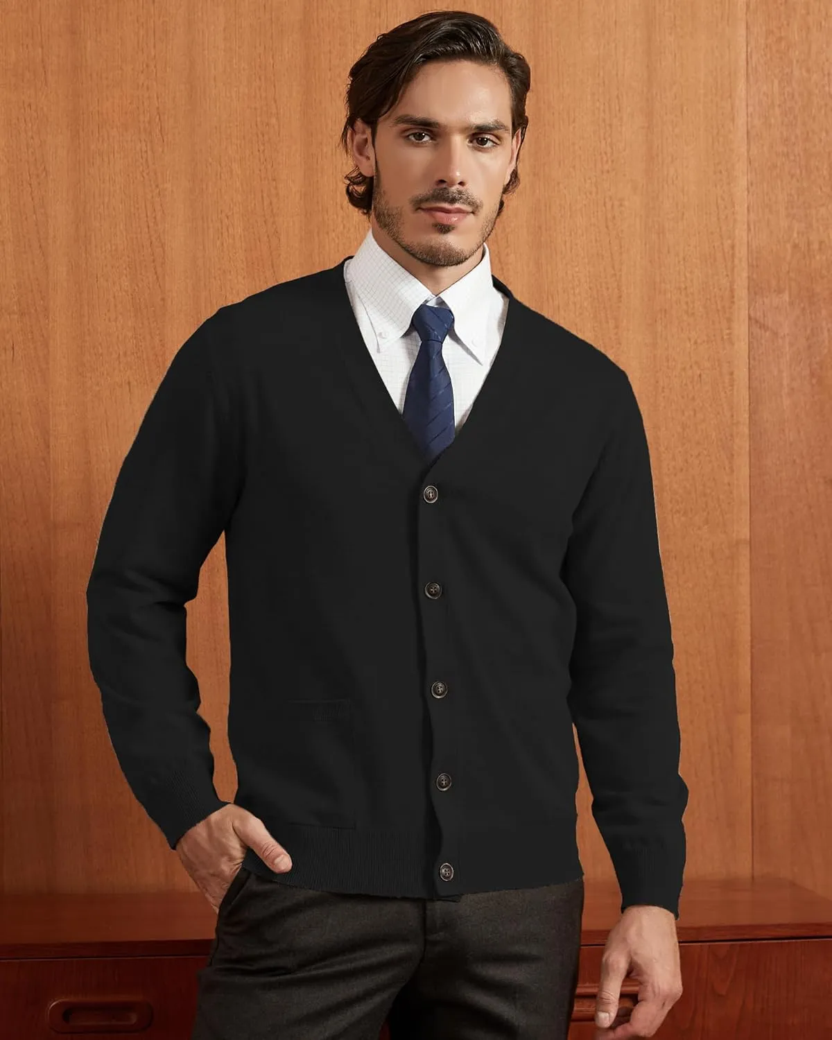 Kallspin Mens Pure Cotton Cardigan Sweater V-Neck Button Down Cardigan Lightweight Knitwear with Pockets