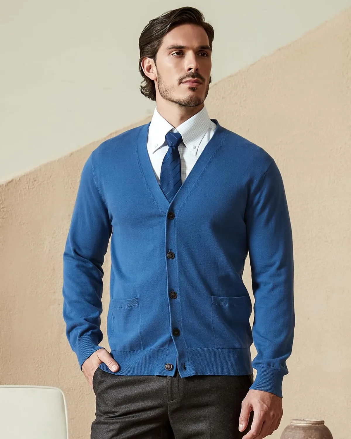 Kallspin Mens Pure Cotton Cardigan Sweater V-Neck Button Down Cardigan Lightweight Knitwear with Pockets