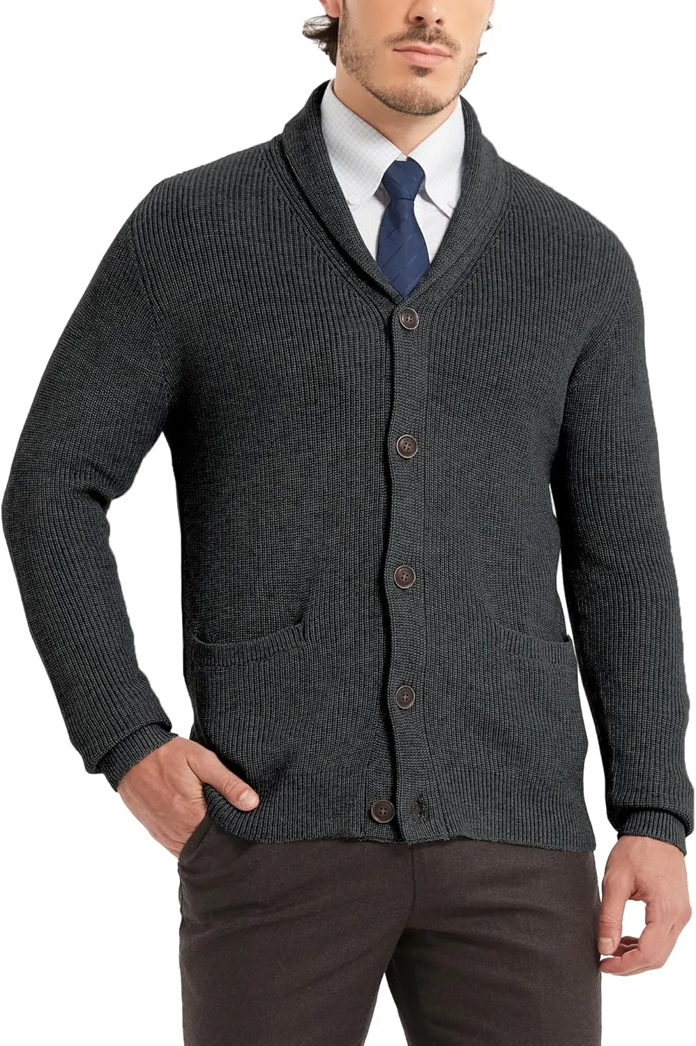 Kallspin Men's Wool Blend Shawl Collar Cardigan Sweater Button Down Knitwear with Pockets