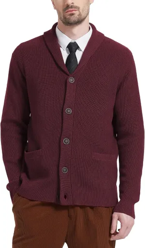 Kallspin Men's Wool Blend Shawl Collar Cardigan Sweater Button Down Knitwear with Pockets