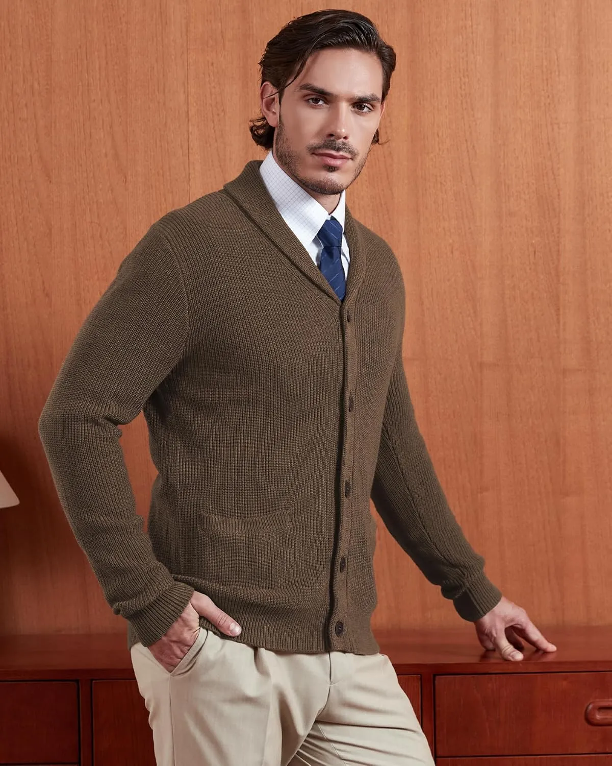 Kallspin Men's Wool Blend Shawl Collar Cardigan Sweater Button Down Knitwear with Pockets