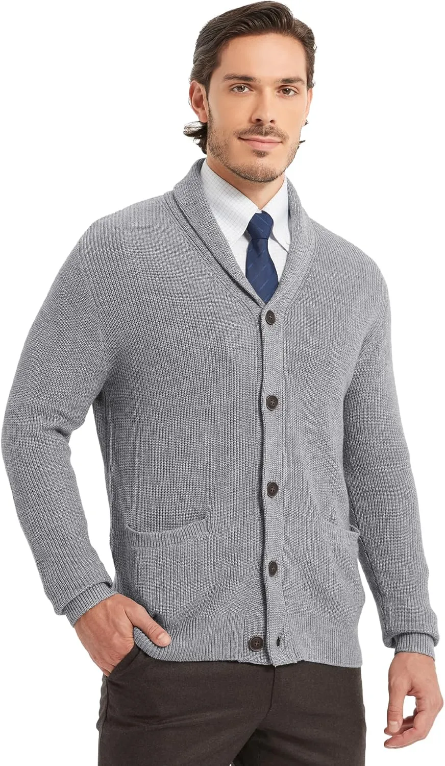 Kallspin Men's Wool Blend Shawl Collar Cardigan Sweater Button Down Knitwear with Pockets