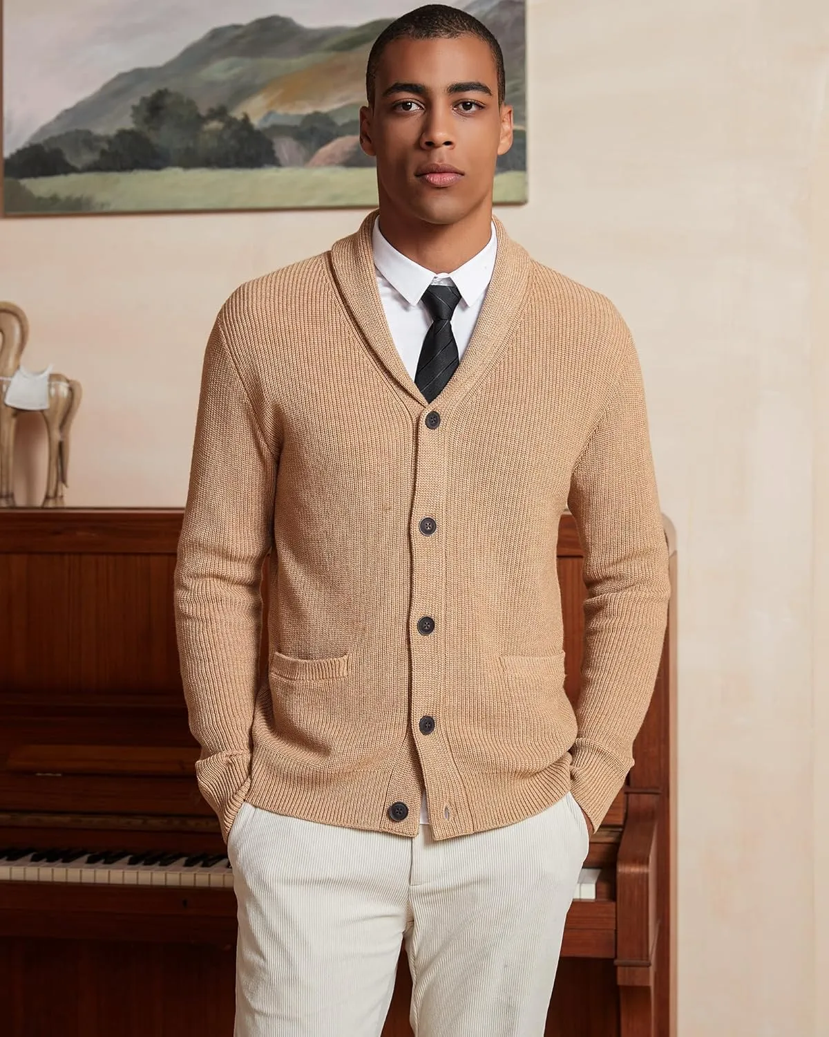 Kallspin Men's Wool Blend Shawl Collar Cardigan Sweater Button Down Knitwear with Pockets
