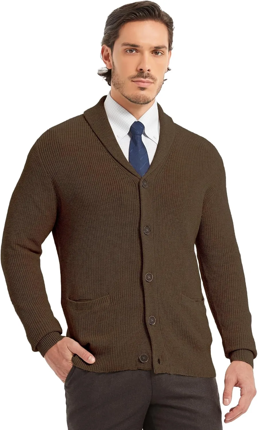 Kallspin Men's Wool Blend Shawl Collar Cardigan Sweater Button Down Knitwear with Pockets
